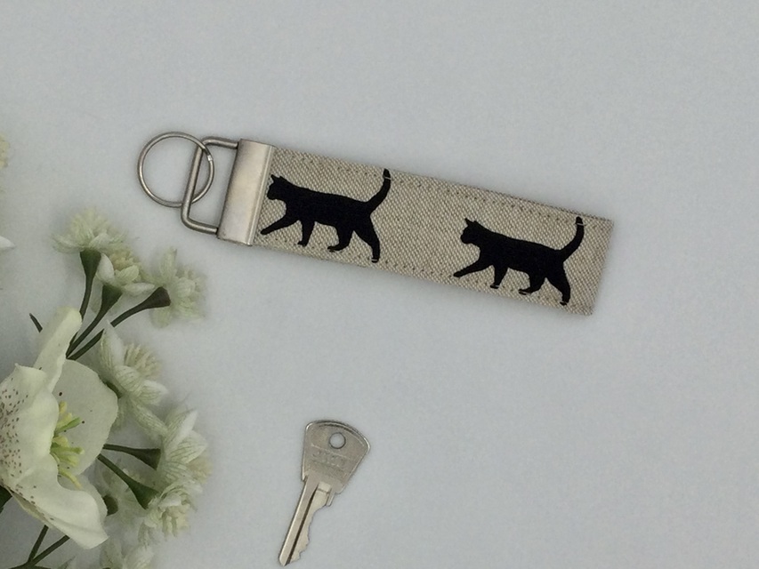 Black Cat, Walking Fabric Key Fob, Keyring