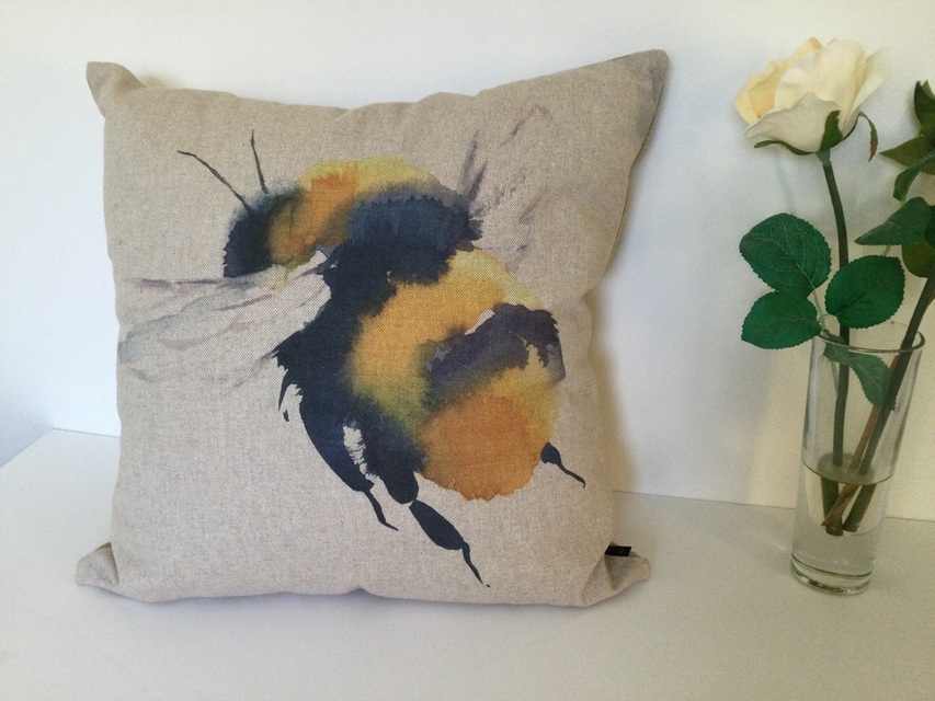 Bee, Linen Effect Cushion, Yellow Chenille Backing