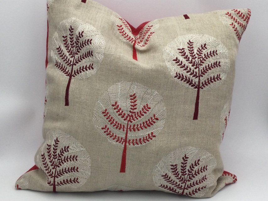 Embroidered Trees Cushion, Red & Linen, Textured