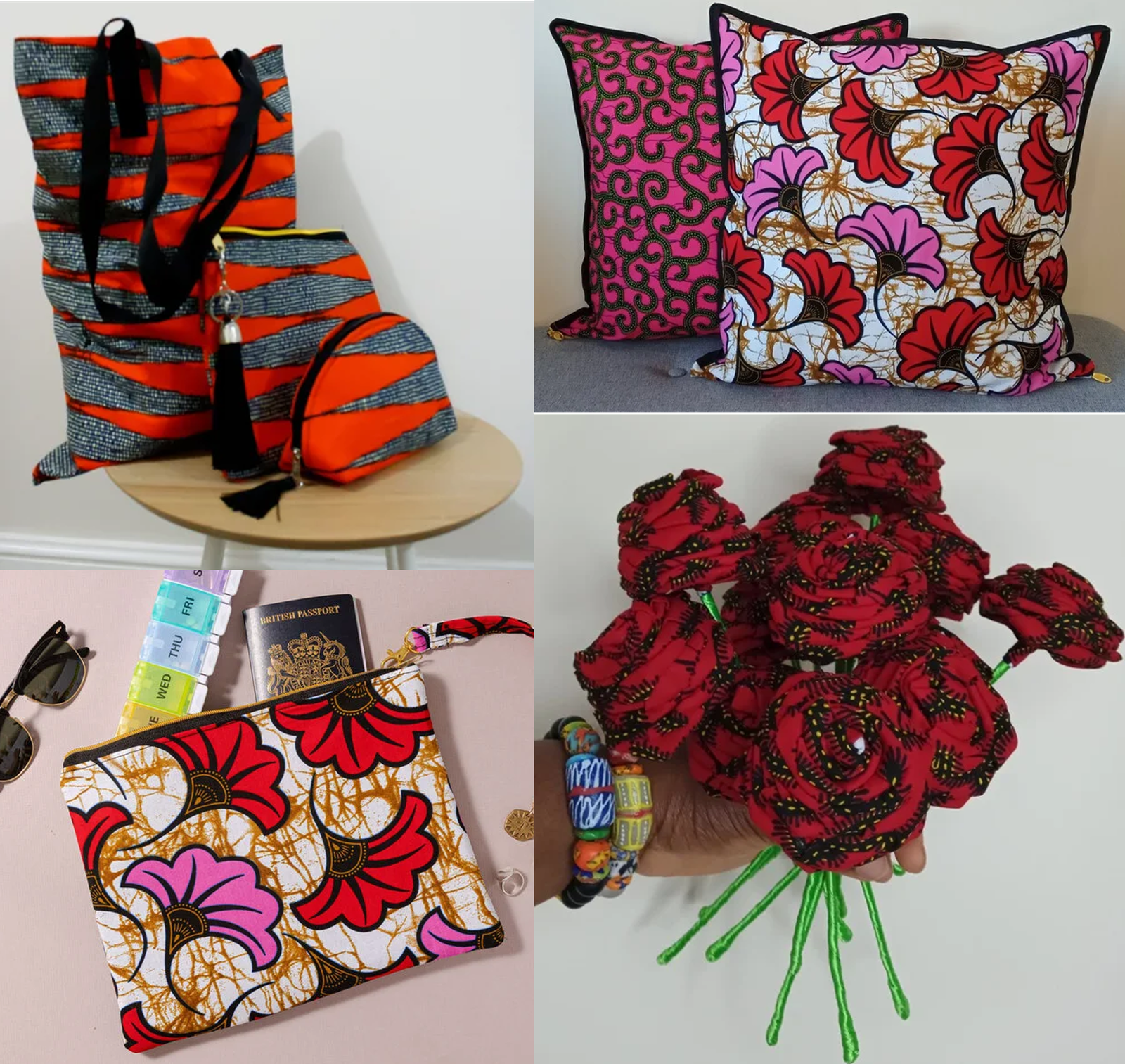 Image or several products such as cushions, pouch, fabric flowers, bags all featuring colourful African inspired prints.