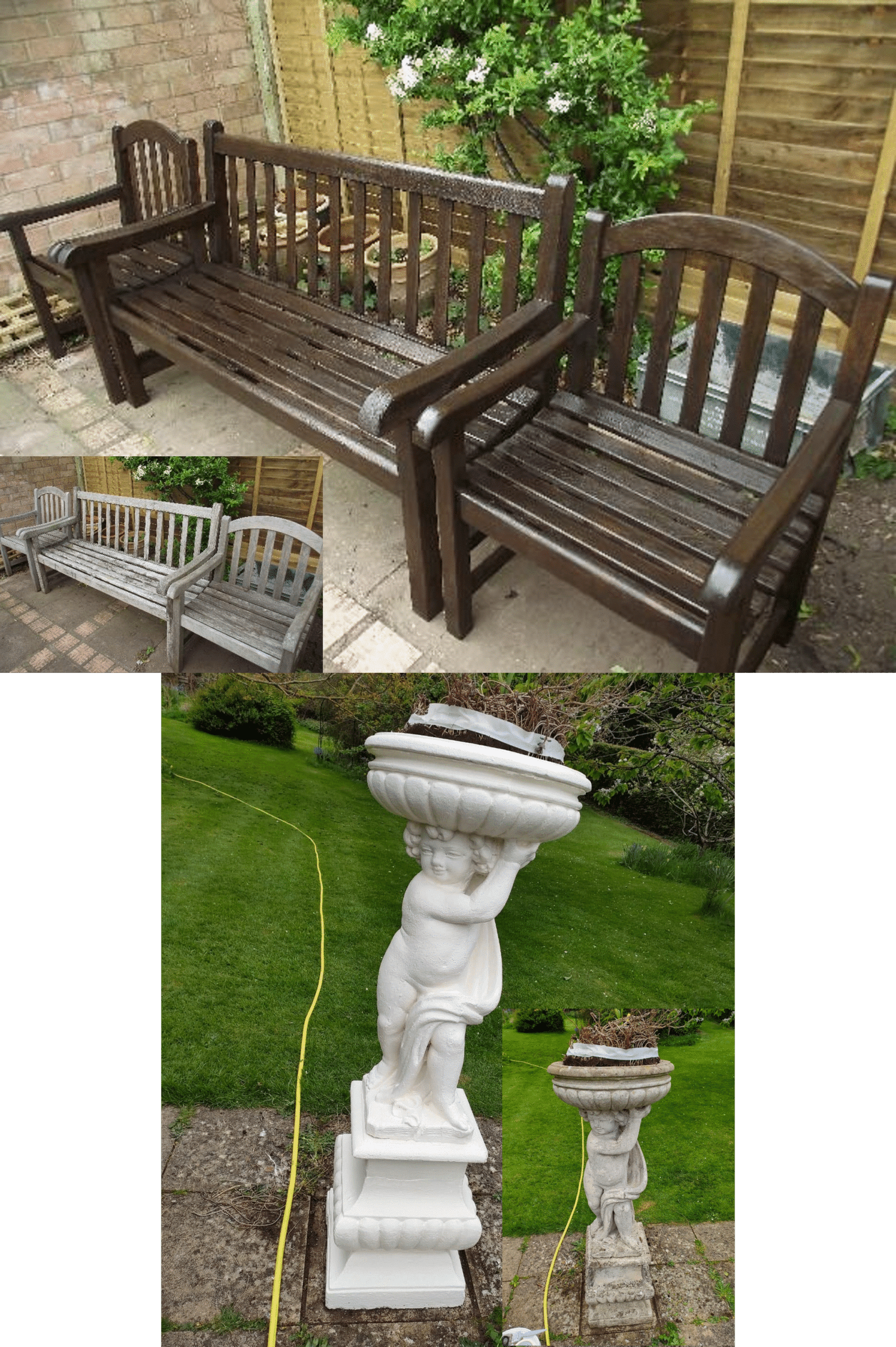 Image of refurbished garden ornament and bench.