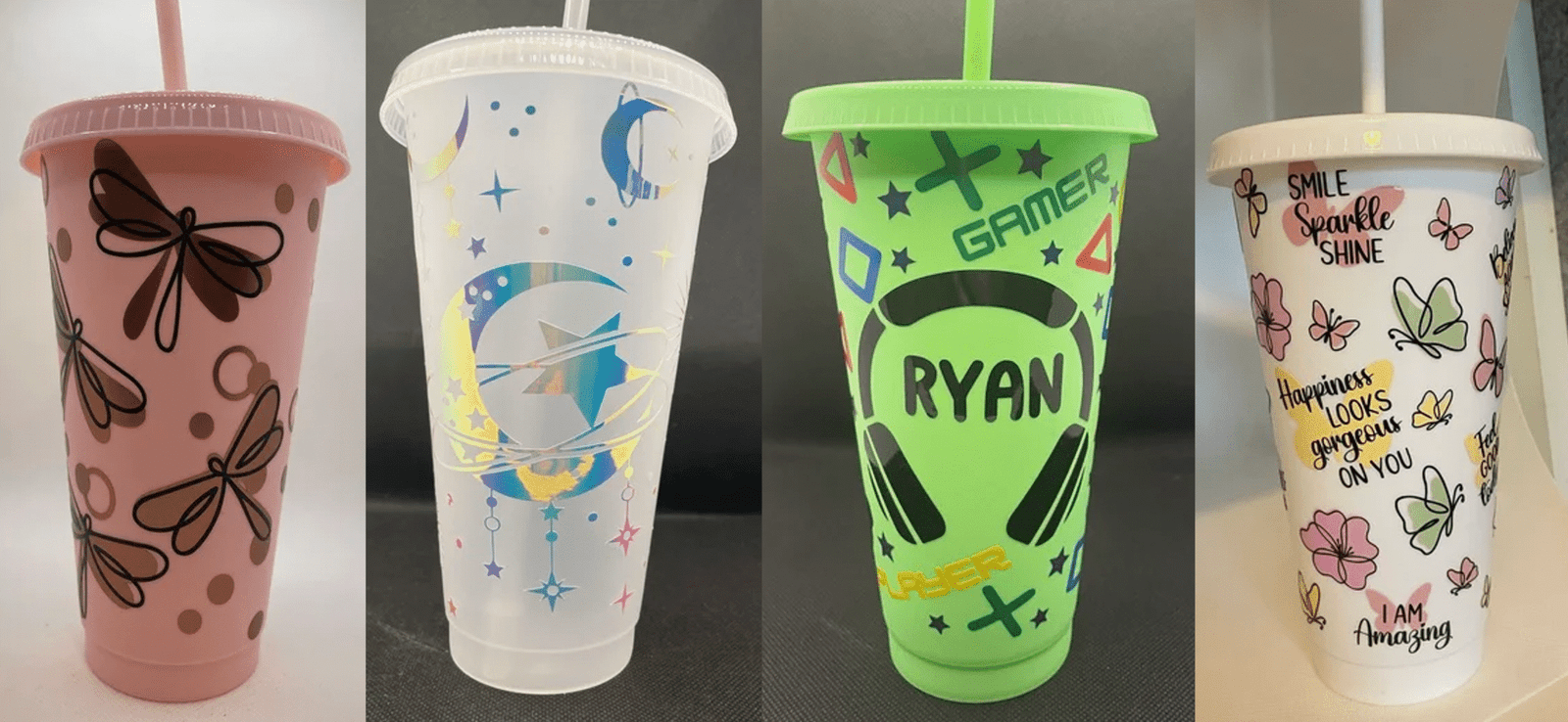 Image featuring 4 cold cups with different designs: gamer, dragonfly, inspirational quote, celestial.