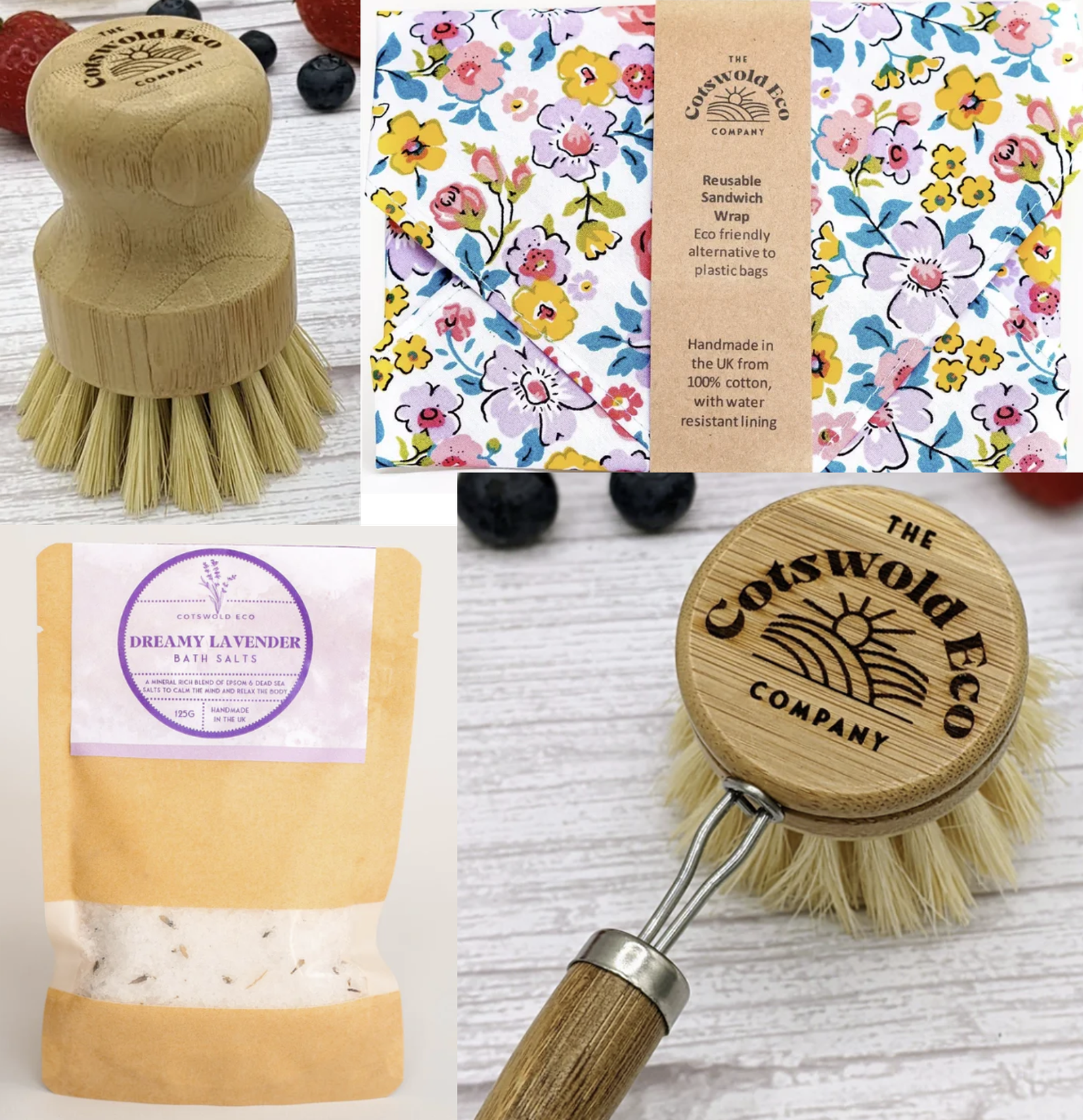 Image of eco-friendly kitchen accessories including scrubbers, wax wrapping. Bath salts are also pictured.