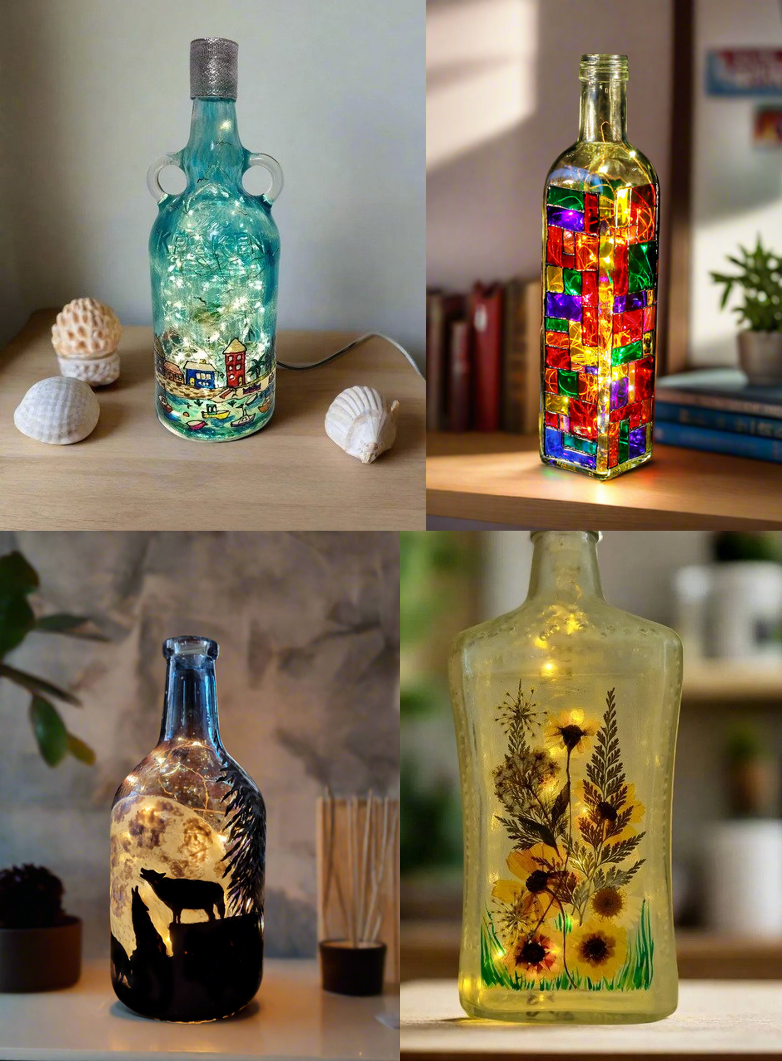 Image featuring glass bottles that have been reused to make eco-friendly lights.