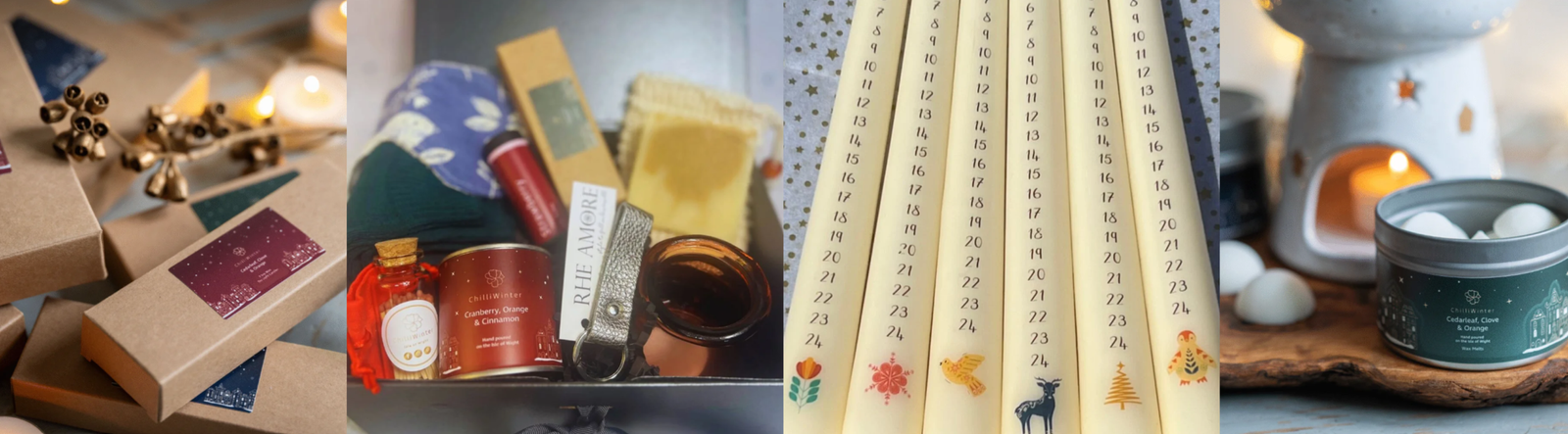 Images of products that would be good Christmas gifts, such as festive candles, wax melts and gift sets.