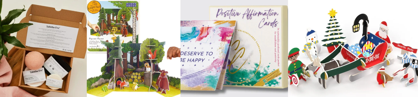 Image of various Christmas gift ideas, beauty set, childrens gifts toys, thoughtful gifts.