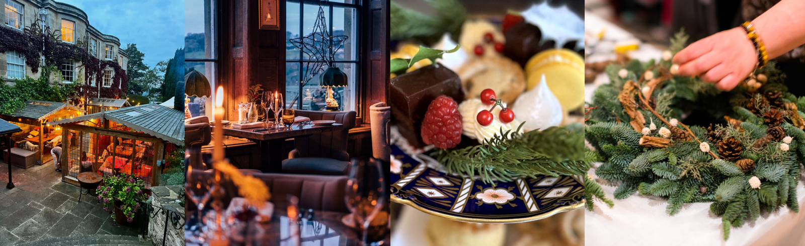 Images of festive decorated hotel with wreath making