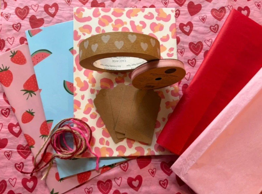 Image of valentines day themed eco wrapping paper