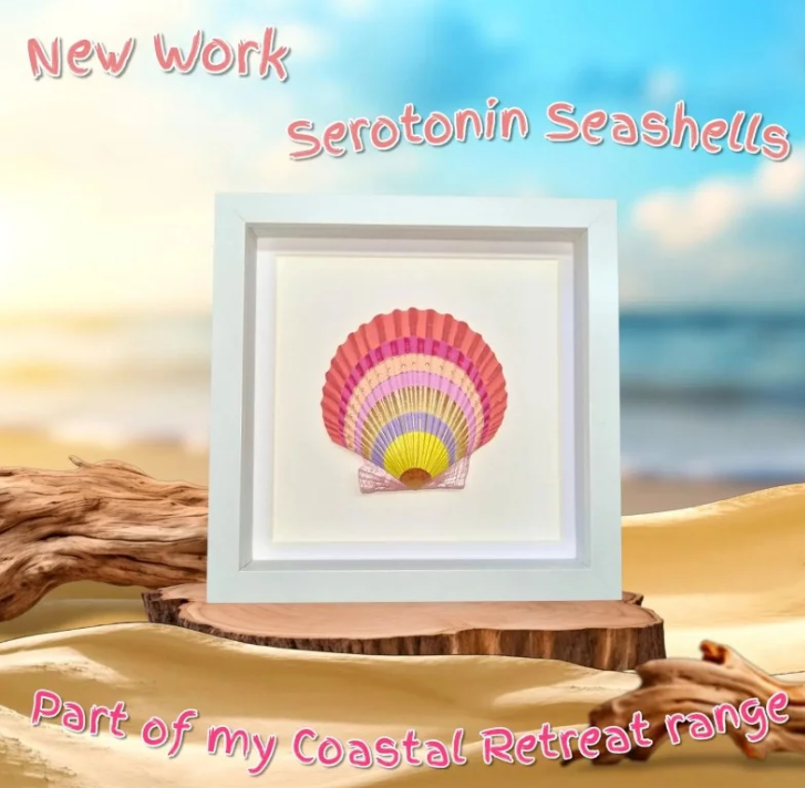 Image of an art piece featuring a colourful pink, yellow and blue seashell at the centre