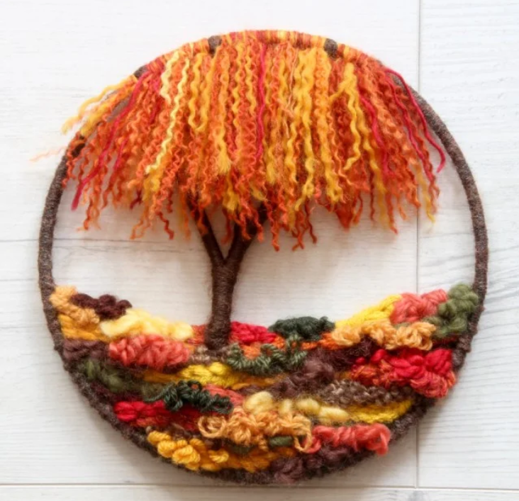 Image of autumnal treescape - hand woven wool tree image with ground, Ring shape home decor