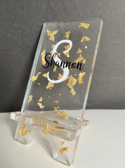 Resin Phone stand with gold foil and personalised with initial and name